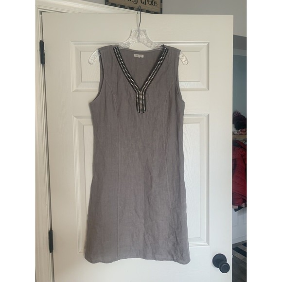 Lina Tomei Italy 100% Linen Dress Embellished Neck Gray Size Small - Picture 5 of 14